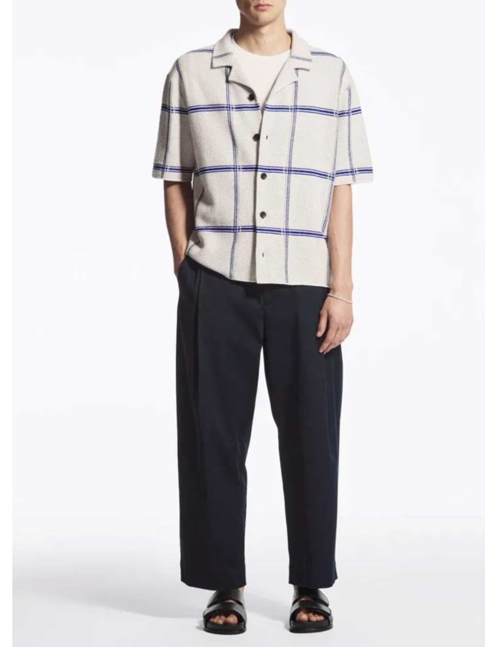 COS White Short-Sleeve Camp Shirt with Blue Windowpane Check